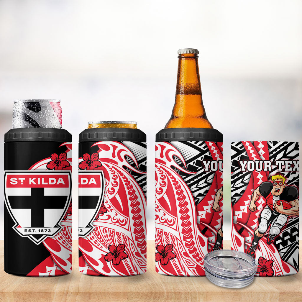 Personalized St Kilda Saints 4 in 1 Can Cooler Tumbler Polynesian Tribal Saint Mascot With Hibiscus Floral Art