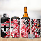 Personalized St Kilda Saints 4 in 1 Can Cooler Tumbler Polynesian Tribal Saint Mascot With Hibiscus Floral Art
