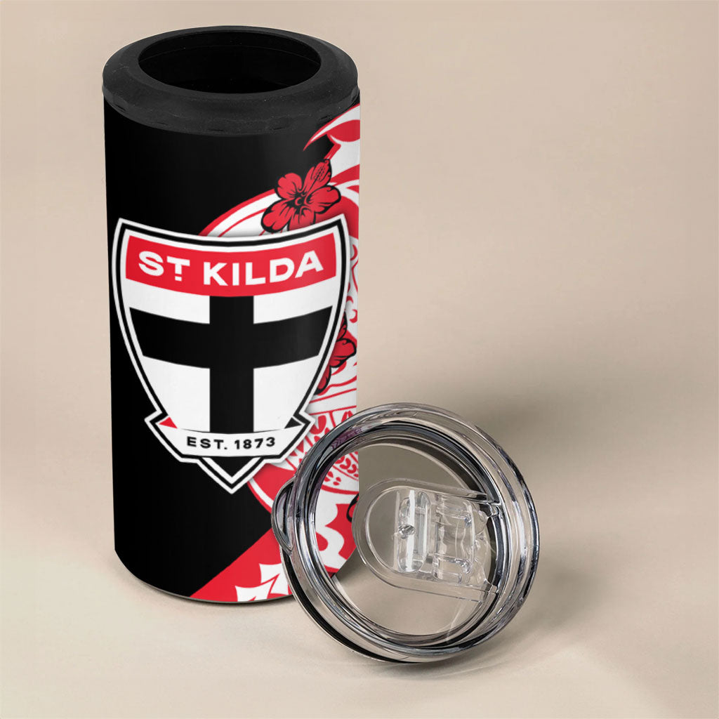 Personalized St Kilda Saints 4 in 1 Can Cooler Tumbler Polynesian Tribal Saint Mascot With Hibiscus Floral Art