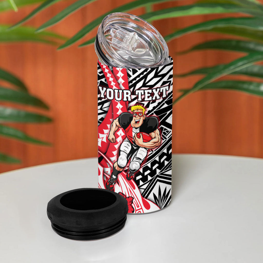 Personalized St Kilda Saints 4 in 1 Can Cooler Tumbler Polynesian Tribal Saint Mascot With Hibiscus Floral Art