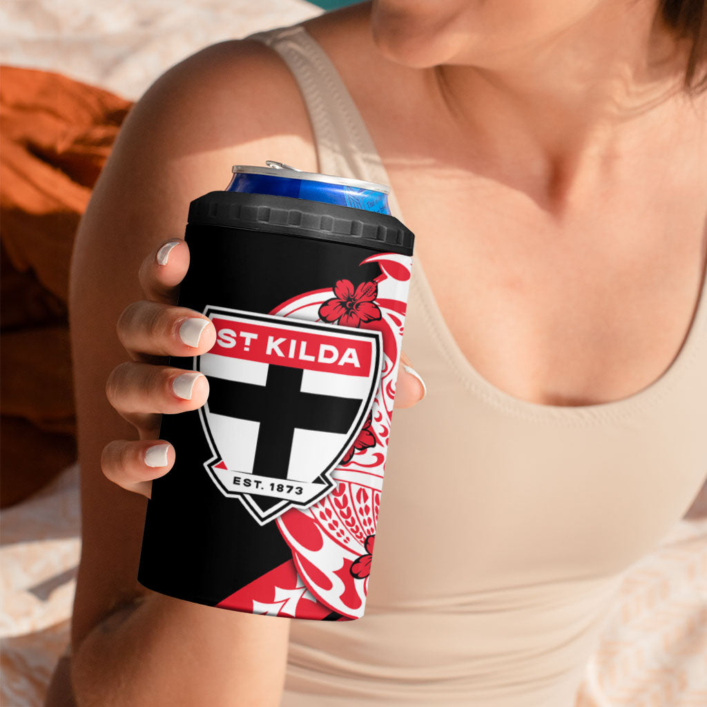 Personalized St Kilda Saints 4 in 1 Can Cooler Tumbler Polynesian Tribal Saint Mascot With Hibiscus Floral Art