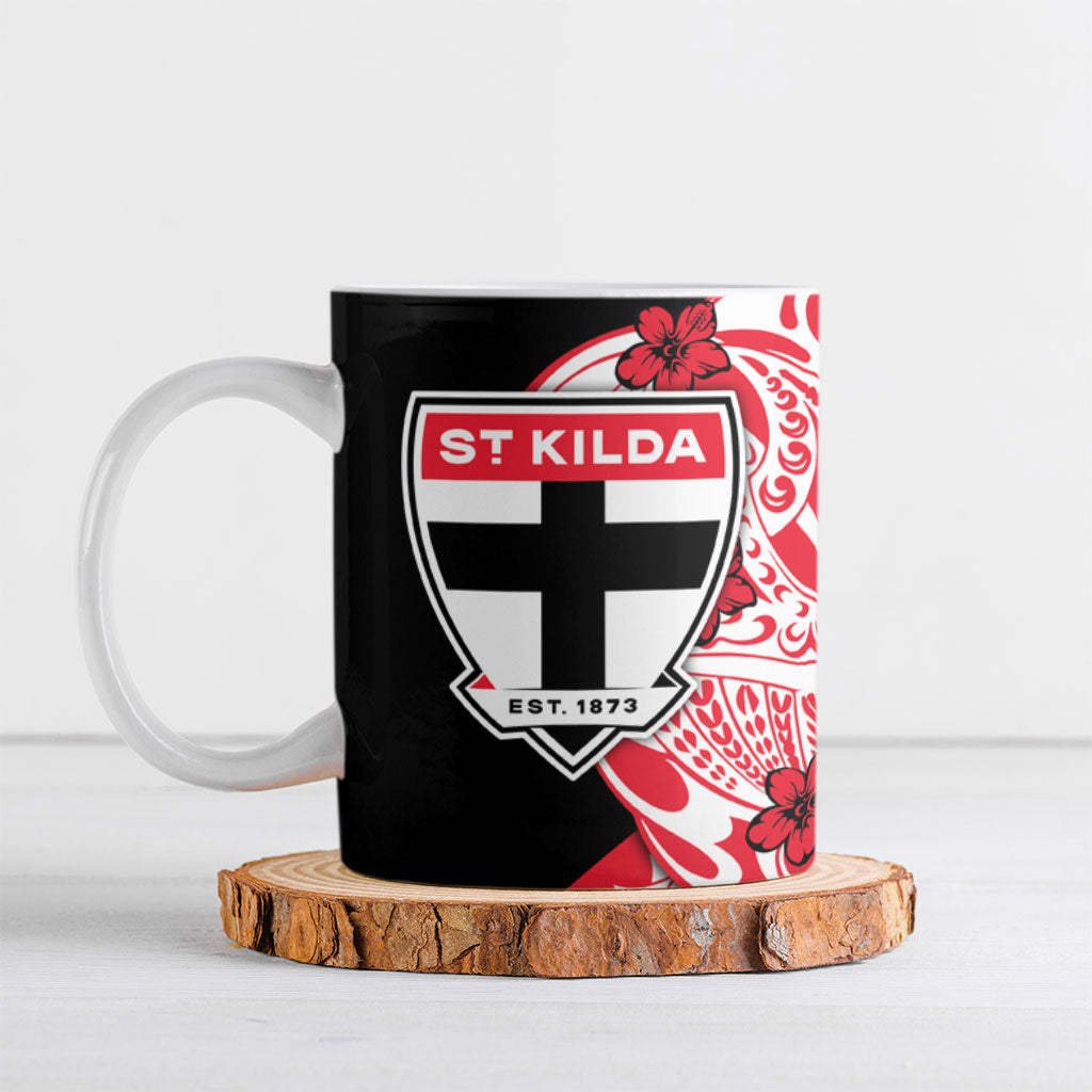 Personalized St Kilda Saints Ceramic Mug Polynesian Tribal Saint Mascot With Hibiscus Floral Art