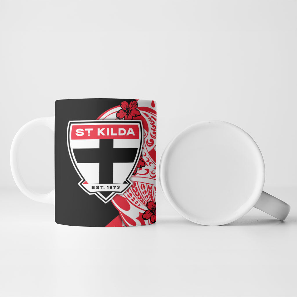 Personalized St Kilda Saints Ceramic Mug Polynesian Tribal Saint Mascot With Hibiscus Floral Art