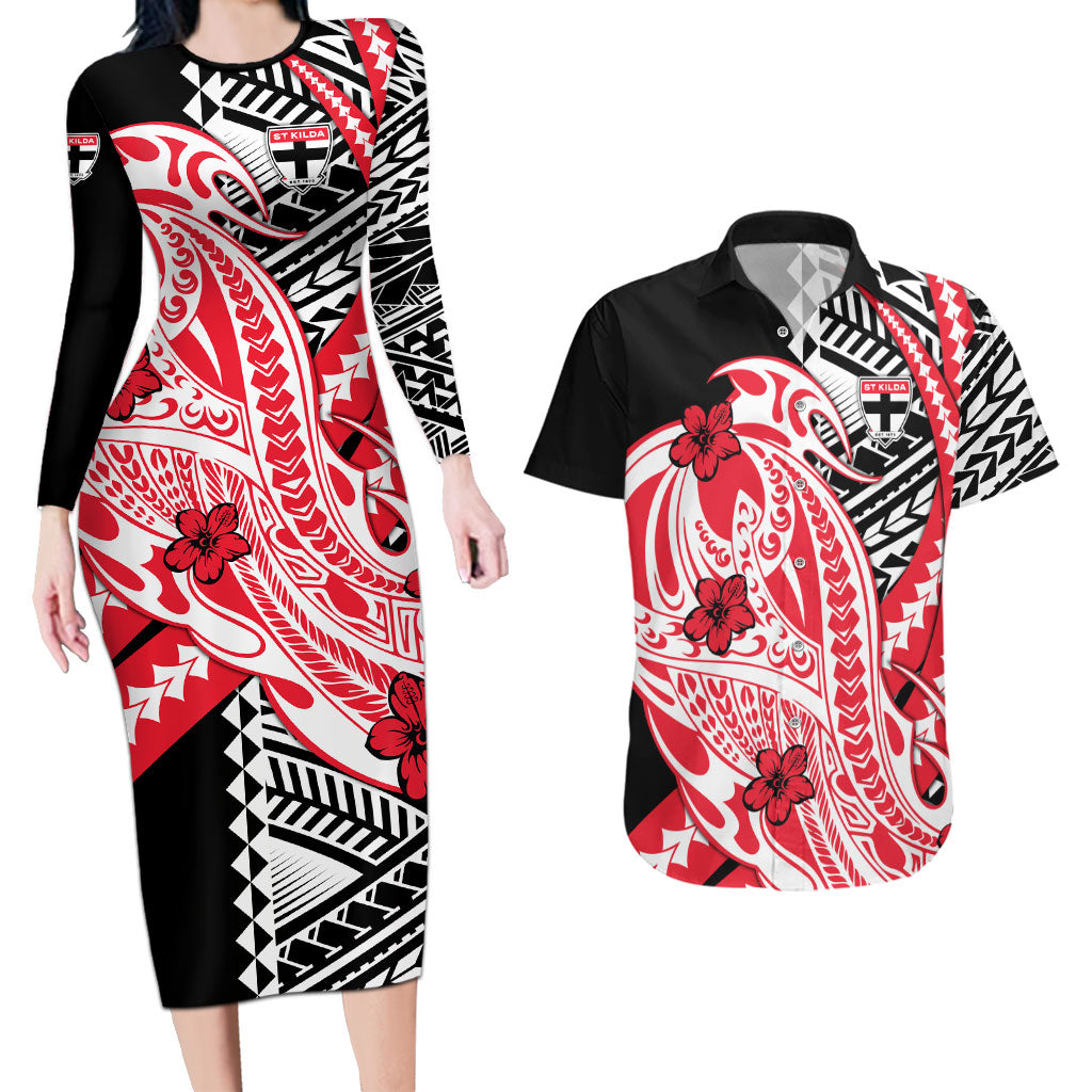 Personalized St Kilda Saints Couples Matching Long Sleeve Bodycon Dress and Hawaiian Shirt Polynesian Tribal Saint Mascot With Hibiscus Floral Art