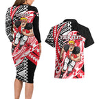 Personalized St Kilda Saints Couples Matching Long Sleeve Bodycon Dress and Hawaiian Shirt Polynesian Tribal Saint Mascot With Hibiscus Floral Art