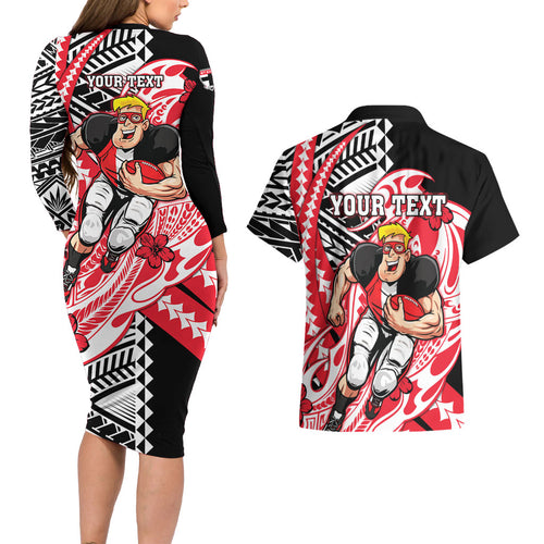 Personalized St Kilda Saints Couples Matching Long Sleeve Bodycon Dress and Hawaiian Shirt Polynesian Tribal Saint Mascot With Hibiscus Floral Art