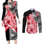 Personalized St Kilda Saints Couples Matching Long Sleeve Bodycon Dress and Long Sleeve Button Shirt Polynesian Tribal Saint Mascot With Hibiscus Floral Art