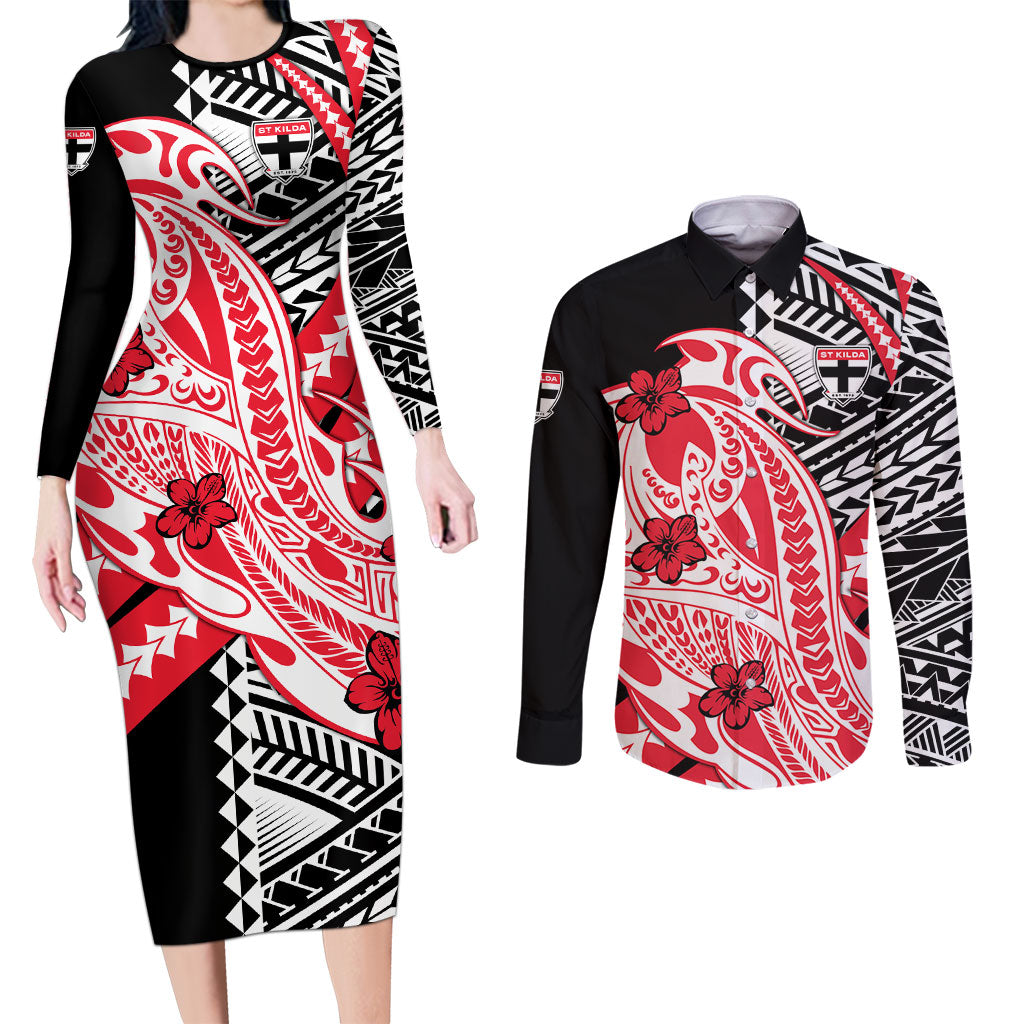 Personalized St Kilda Saints Couples Matching Long Sleeve Bodycon Dress and Long Sleeve Button Shirt Polynesian Tribal Saint Mascot With Hibiscus Floral Art