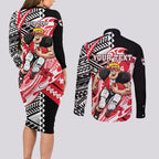Personalized St Kilda Saints Couples Matching Long Sleeve Bodycon Dress and Long Sleeve Button Shirt Polynesian Tribal Saint Mascot With Hibiscus Floral Art
