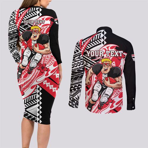 Personalized St Kilda Saints Couples Matching Long Sleeve Bodycon Dress and Long Sleeve Button Shirt Polynesian Tribal Saint Mascot With Hibiscus Floral Art