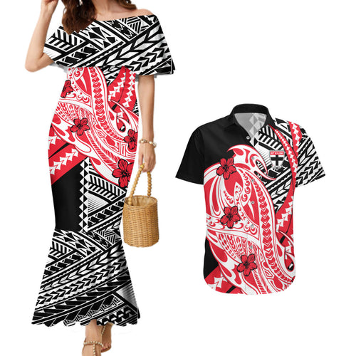 Personalized St Kilda Saints Couples Matching Mermaid Dress and Hawaiian Shirt Polynesian Tribal Saint Mascot With Hibiscus Floral Art