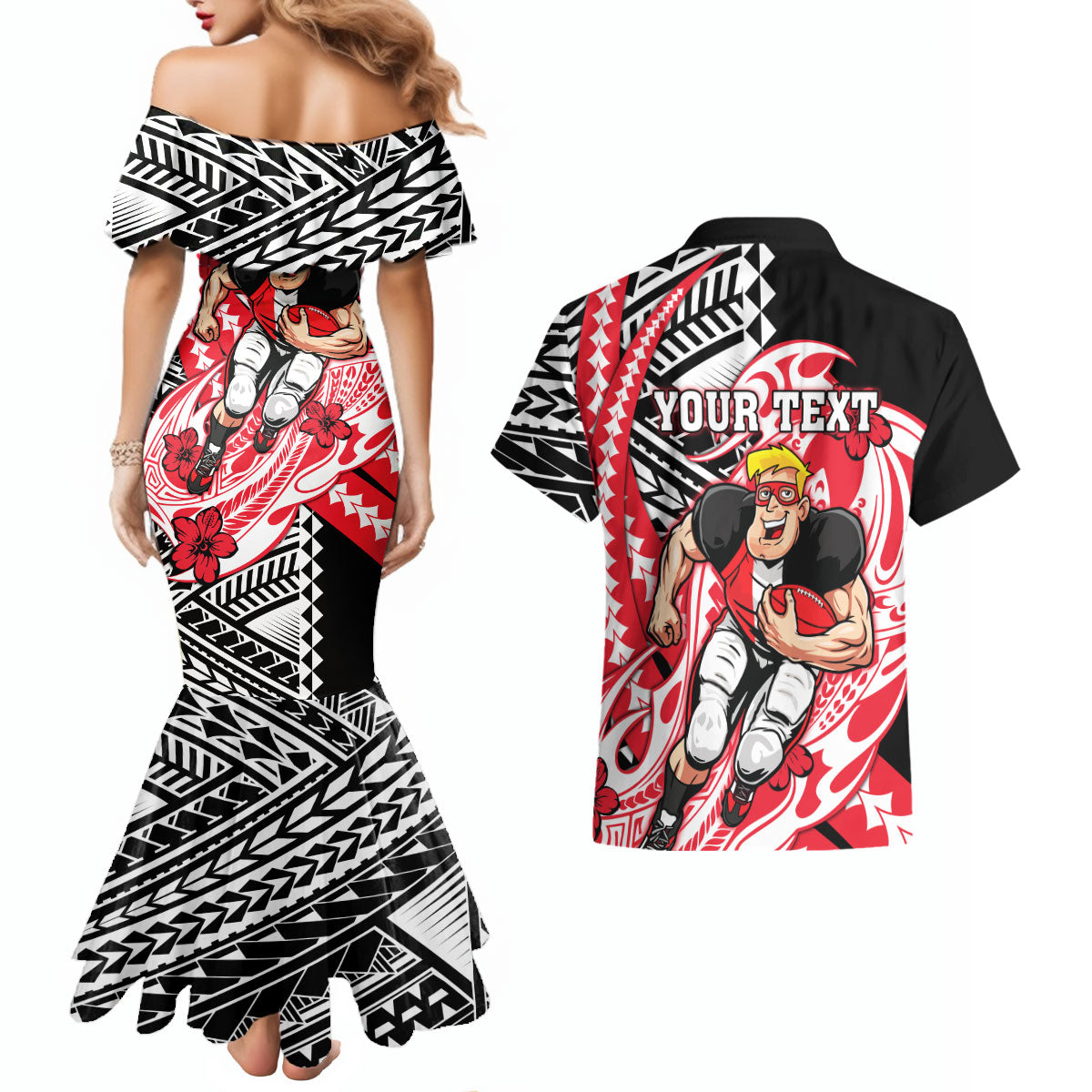 Personalized St Kilda Saints Couples Matching Mermaid Dress and Hawaiian Shirt Polynesian Tribal Saint Mascot With Hibiscus Floral Art