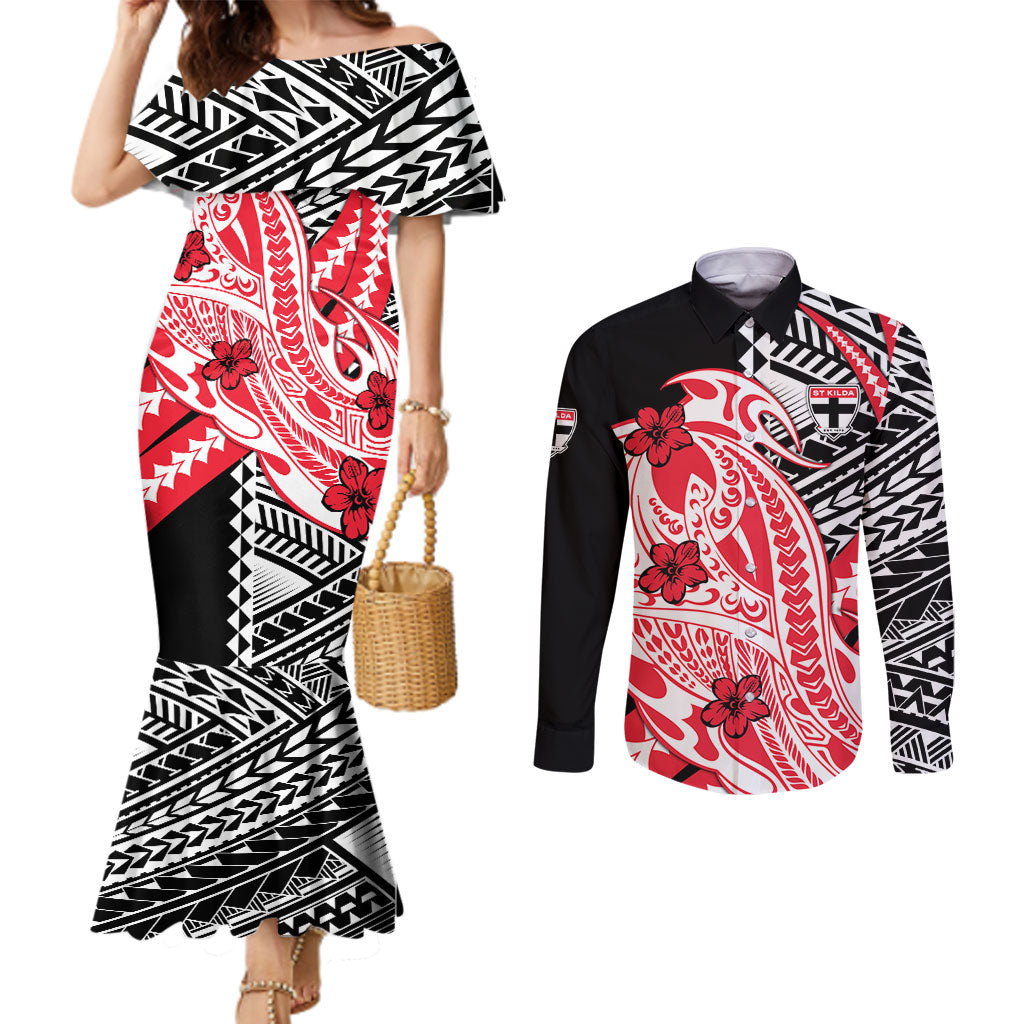 Personalized St Kilda Saints Couples Matching Mermaid Dress and Long Sleeve Button Shirt Polynesian Tribal Saint Mascot With Hibiscus Floral Art