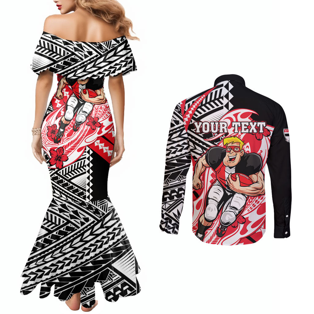 Personalized St Kilda Saints Couples Matching Mermaid Dress and Long Sleeve Button Shirt Polynesian Tribal Saint Mascot With Hibiscus Floral Art