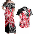 Personalized St Kilda Saints Couples Matching Off Shoulder Maxi Dress and Hawaiian Shirt Polynesian Tribal Saint Mascot With Hibiscus Floral Art