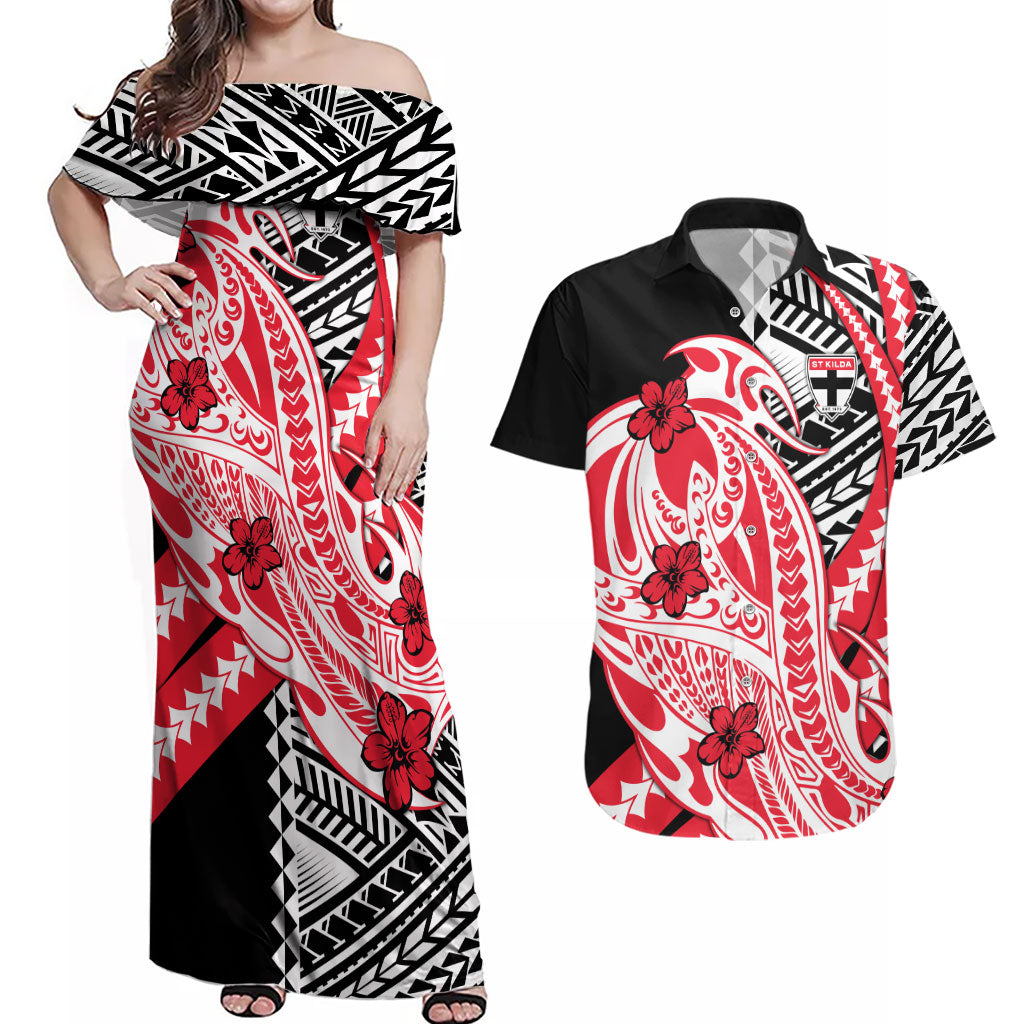 Personalized St Kilda Saints Couples Matching Off Shoulder Maxi Dress and Hawaiian Shirt Polynesian Tribal Saint Mascot With Hibiscus Floral Art