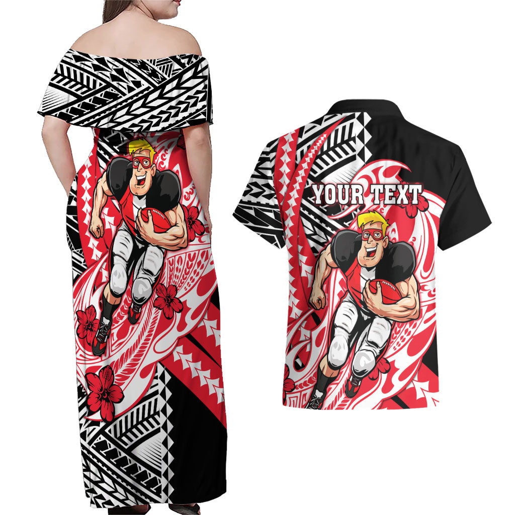 Personalized St Kilda Saints Couples Matching Off Shoulder Maxi Dress and Hawaiian Shirt Polynesian Tribal Saint Mascot With Hibiscus Floral Art