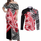 Personalized St Kilda Saints Couples Matching Off Shoulder Maxi Dress and Long Sleeve Button Shirt Polynesian Tribal Saint Mascot With Hibiscus Floral Art