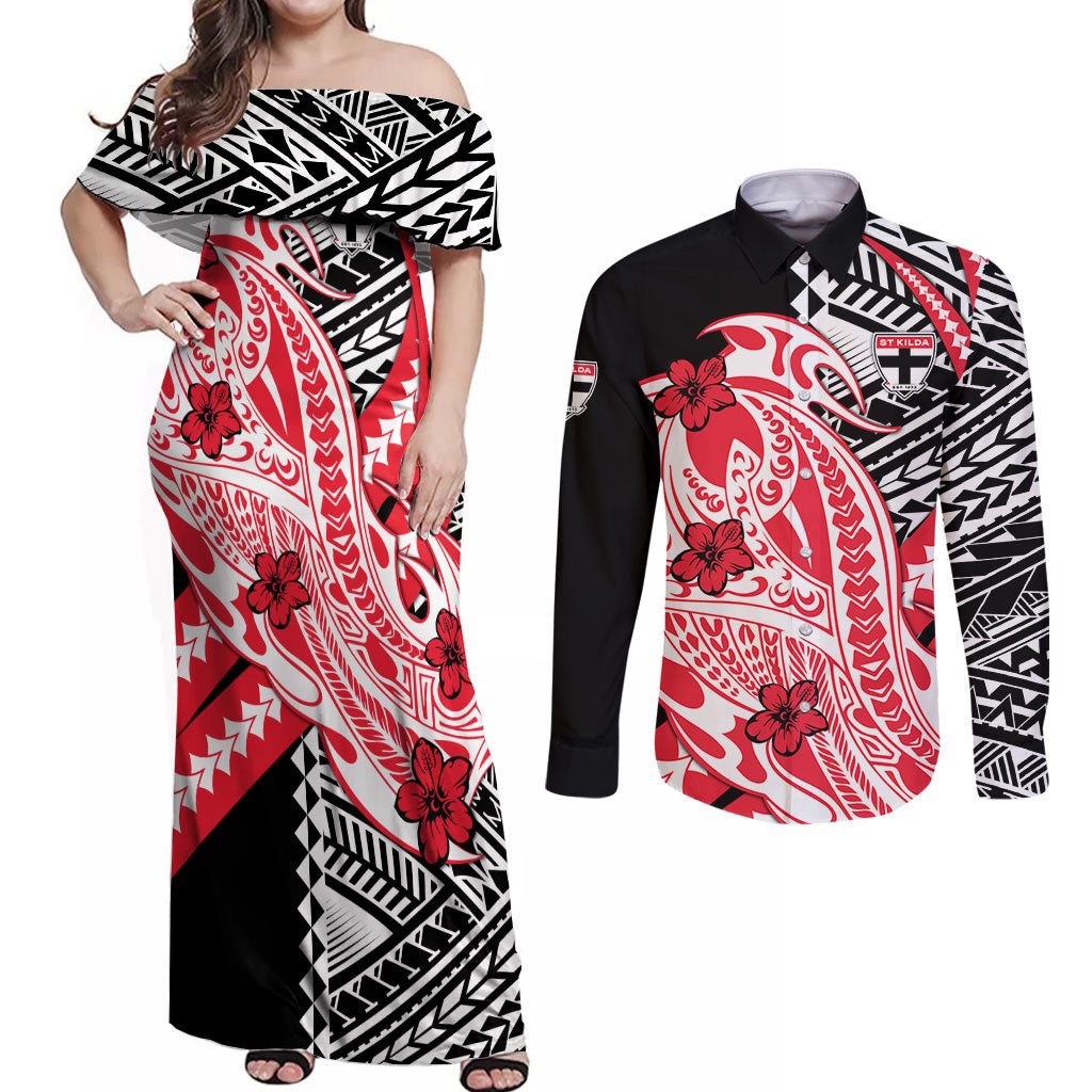 Personalized St Kilda Saints Couples Matching Off Shoulder Maxi Dress and Long Sleeve Button Shirt Polynesian Tribal Saint Mascot With Hibiscus Floral Art