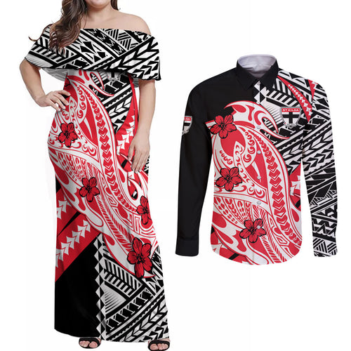 Personalized St Kilda Saints Couples Matching Off Shoulder Maxi Dress and Long Sleeve Button Shirt Polynesian Tribal Saint Mascot With Hibiscus Floral Art