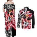 Personalized St Kilda Saints Couples Matching Off Shoulder Maxi Dress and Long Sleeve Button Shirt Polynesian Tribal Saint Mascot With Hibiscus Floral Art