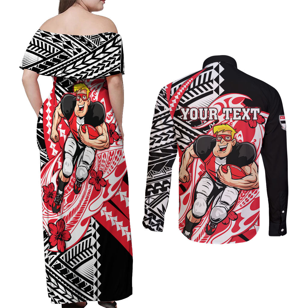 Personalized St Kilda Saints Couples Matching Off Shoulder Maxi Dress and Long Sleeve Button Shirt Polynesian Tribal Saint Mascot With Hibiscus Floral Art