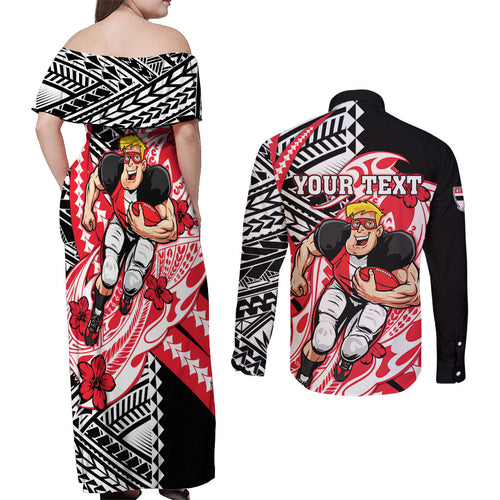 Personalized St Kilda Saints Couples Matching Off Shoulder Maxi Dress and Long Sleeve Button Shirt Polynesian Tribal Saint Mascot With Hibiscus Floral Art