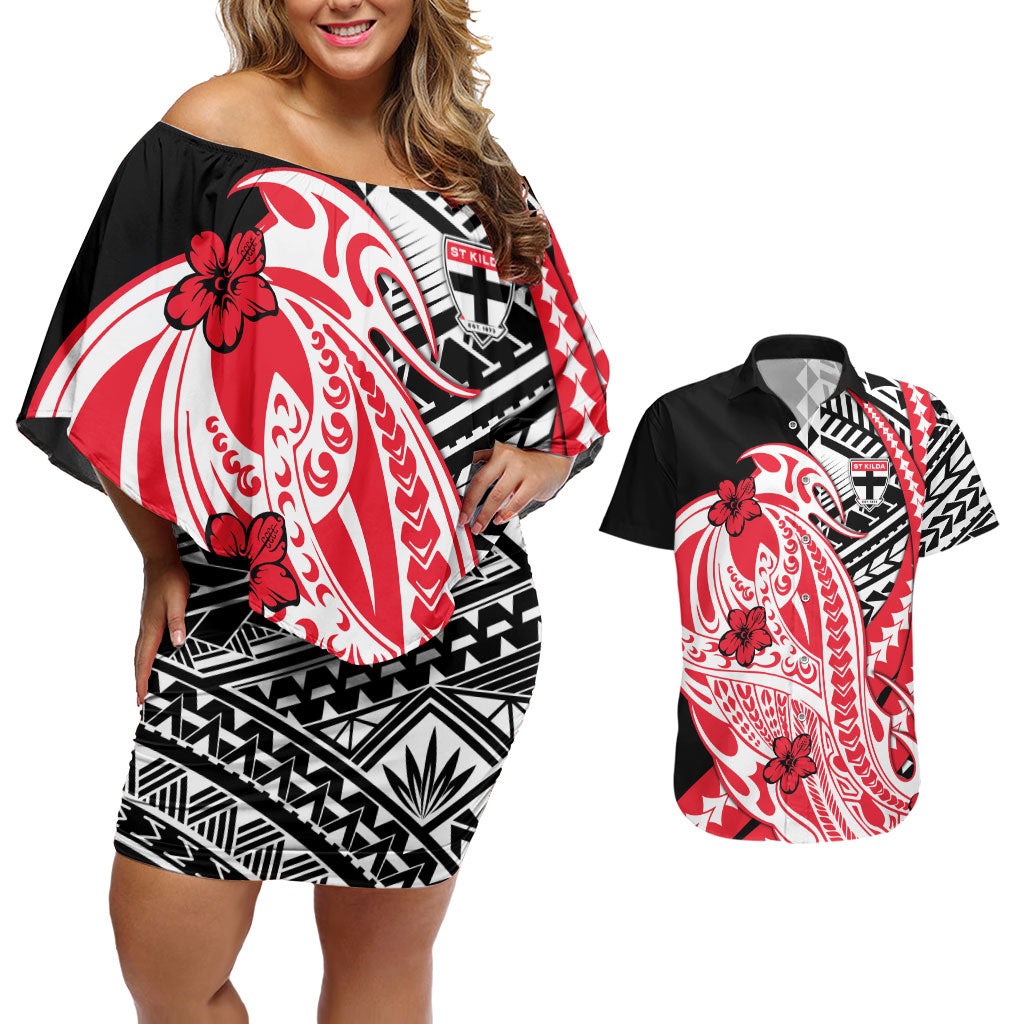 Personalized St Kilda Saints Couples Matching Off Shoulder Short Dress and Hawaiian Shirt Polynesian Tribal Saint Mascot With Hibiscus Floral Art