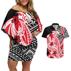 Personalized St Kilda Saints Couples Matching Off Shoulder Short Dress and Hawaiian Shirt Polynesian Tribal Saint Mascot With Hibiscus Floral Art