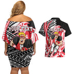 Personalized St Kilda Saints Couples Matching Off Shoulder Short Dress and Hawaiian Shirt Polynesian Tribal Saint Mascot With Hibiscus Floral Art