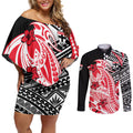 Personalized St Kilda Saints Couples Matching Off Shoulder Short Dress and Long Sleeve Button Shirt Polynesian Tribal Saint Mascot With Hibiscus Floral Art