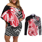 Personalized St Kilda Saints Couples Matching Off Shoulder Short Dress and Long Sleeve Button Shirt Polynesian Tribal Saint Mascot With Hibiscus Floral Art