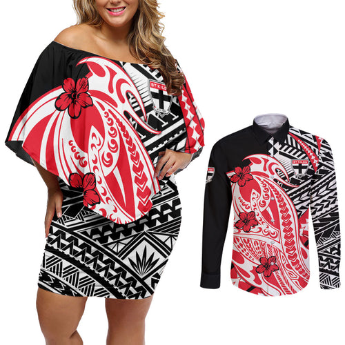 Personalized St Kilda Saints Couples Matching Off Shoulder Short Dress and Long Sleeve Button Shirt Polynesian Tribal Saint Mascot With Hibiscus Floral Art