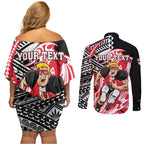 Personalized St Kilda Saints Couples Matching Off Shoulder Short Dress and Long Sleeve Button Shirt Polynesian Tribal Saint Mascot With Hibiscus Floral Art