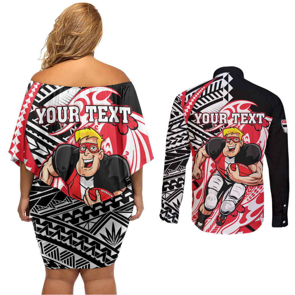 Personalized St Kilda Saints Couples Matching Off Shoulder Short Dress and Long Sleeve Button Shirt Polynesian Tribal Saint Mascot With Hibiscus Floral Art
