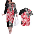 Personalized St Kilda Saints Couples Matching Off The Shoulder Long Sleeve Dress and Hawaiian Shirt Polynesian Tribal Saint Mascot With Hibiscus Floral Art