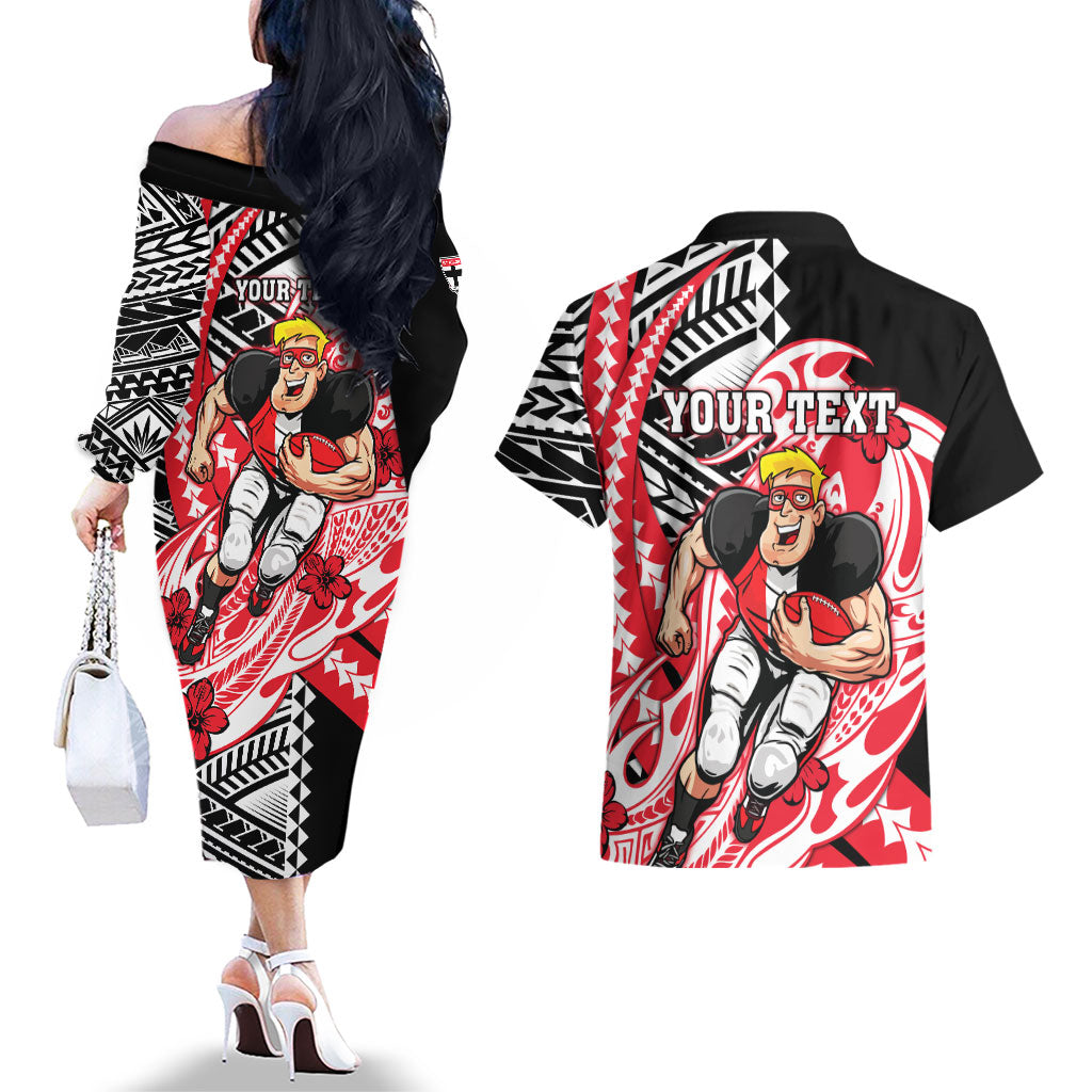 Personalized St Kilda Saints Couples Matching Off The Shoulder Long Sleeve Dress and Hawaiian Shirt Polynesian Tribal Saint Mascot With Hibiscus Floral Art