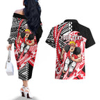 Personalized St Kilda Saints Couples Matching Off The Shoulder Long Sleeve Dress and Hawaiian Shirt Polynesian Tribal Saint Mascot With Hibiscus Floral Art