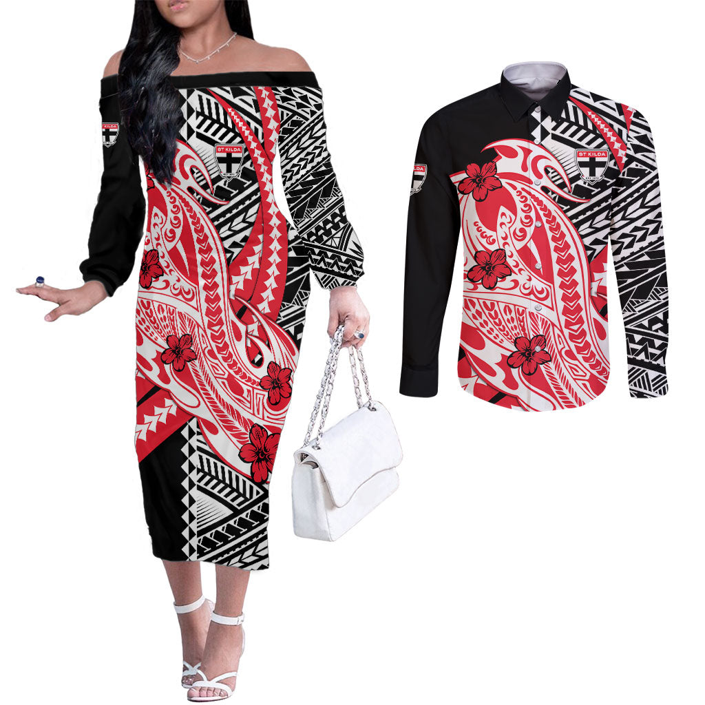 Personalized St Kilda Saints Couples Matching Off The Shoulder Long Sleeve Dress and Long Sleeve Button Shirt Polynesian Tribal Saint Mascot With Hibiscus Floral Art