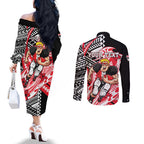 Personalized St Kilda Saints Couples Matching Off The Shoulder Long Sleeve Dress and Long Sleeve Button Shirt Polynesian Tribal Saint Mascot With Hibiscus Floral Art