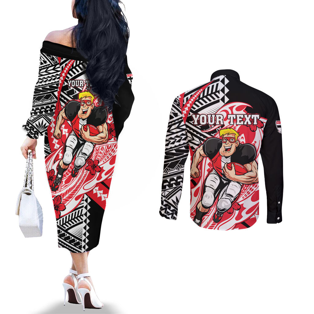 Personalized St Kilda Saints Couples Matching Off The Shoulder Long Sleeve Dress and Long Sleeve Button Shirt Polynesian Tribal Saint Mascot With Hibiscus Floral Art