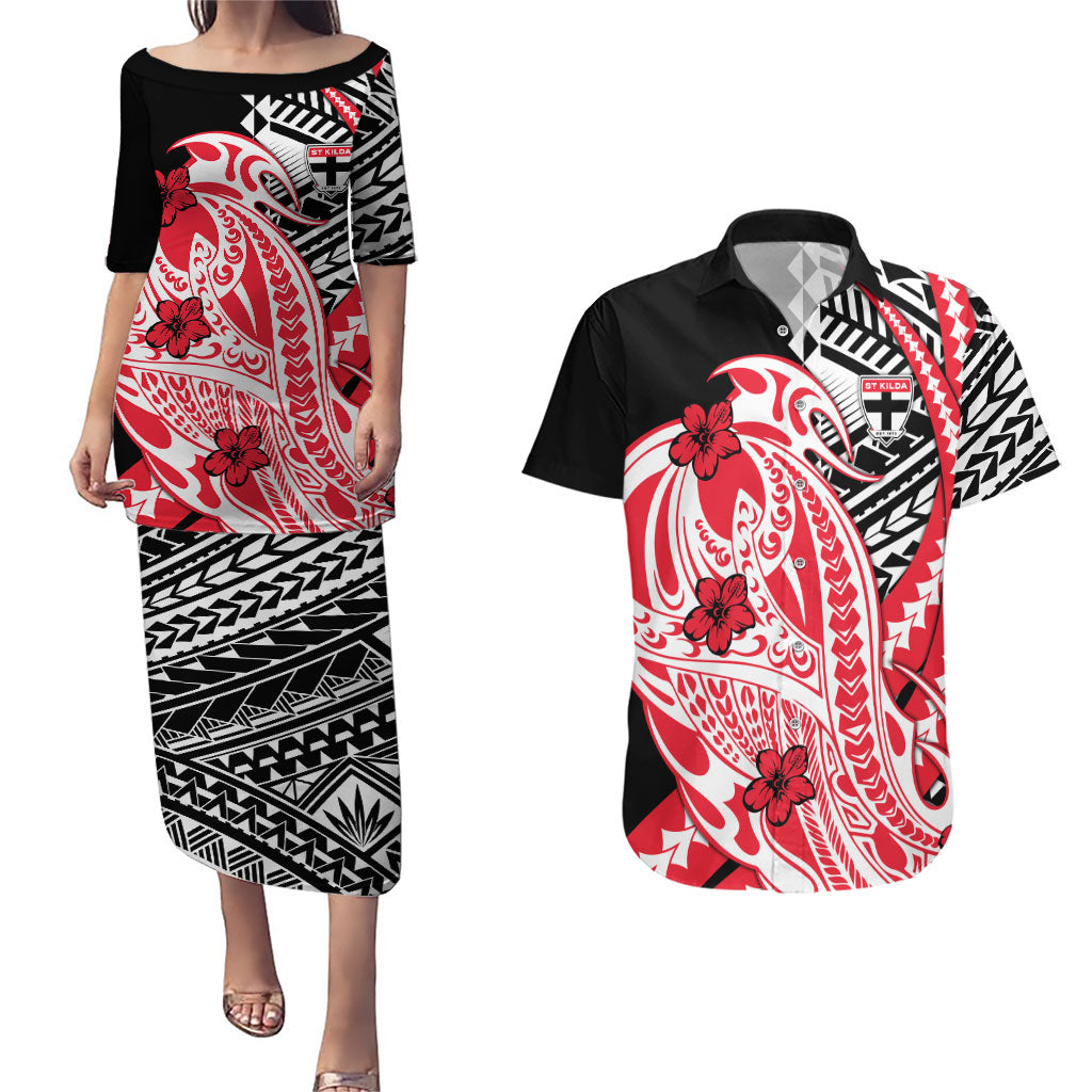 Personalized St Kilda Saints Couples Matching Puletasi and Hawaiian Shirt Polynesian Tribal Saint Mascot With Hibiscus Floral Art