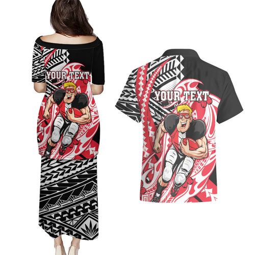 Personalized St Kilda Saints Couples Matching Puletasi and Hawaiian Shirt Polynesian Tribal Saint Mascot With Hibiscus Floral Art