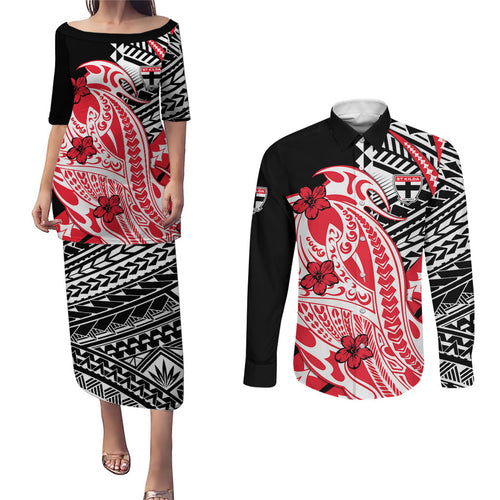 Personalized St Kilda Saints Couples Matching Puletasi and Long Sleeve Button Shirt Polynesian Tribal Saint Mascot With Hibiscus Floral Art