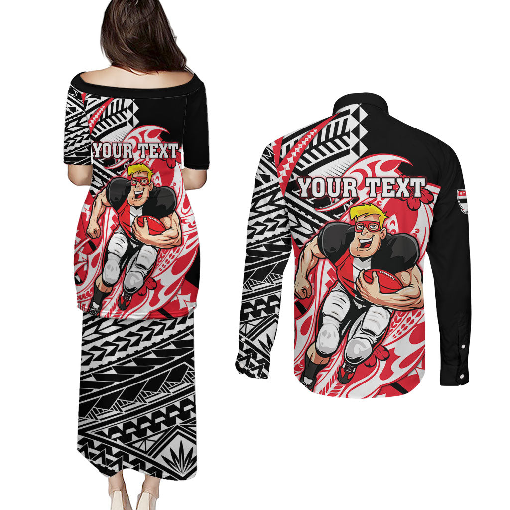 Personalized St Kilda Saints Couples Matching Puletasi and Long Sleeve Button Shirt Polynesian Tribal Saint Mascot With Hibiscus Floral Art