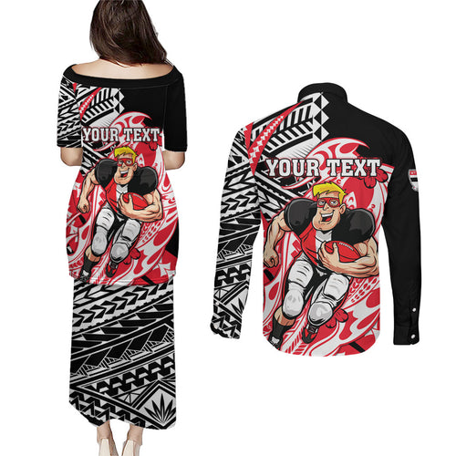 Personalized St Kilda Saints Couples Matching Puletasi and Long Sleeve Button Shirt Polynesian Tribal Saint Mascot With Hibiscus Floral Art