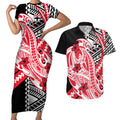 Personalized St Kilda Saints Couples Matching Short Sleeve Bodycon Dress and Hawaiian Shirt Polynesian Tribal Saint Mascot With Hibiscus Floral Art