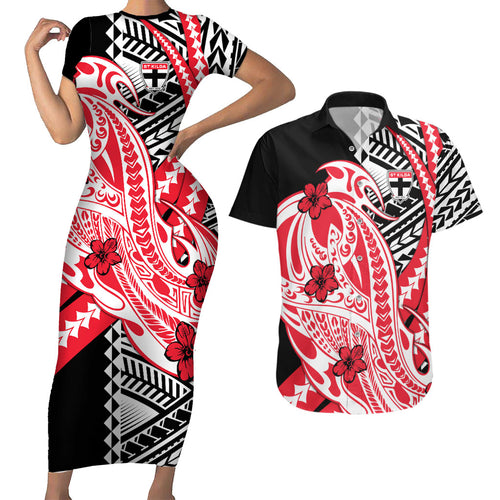 Personalized St Kilda Saints Couples Matching Short Sleeve Bodycon Dress and Hawaiian Shirt Polynesian Tribal Saint Mascot With Hibiscus Floral Art