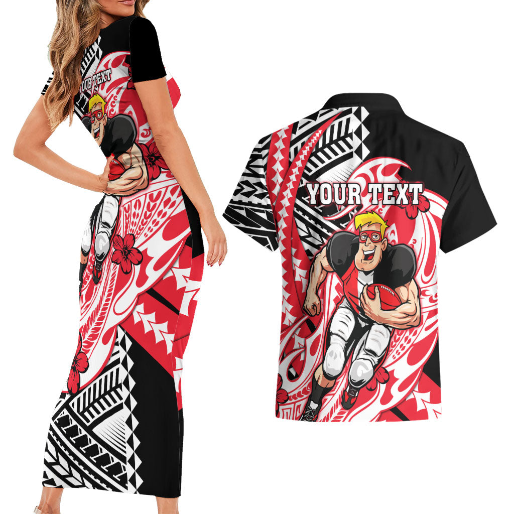 Personalized St Kilda Saints Couples Matching Short Sleeve Bodycon Dress and Hawaiian Shirt Polynesian Tribal Saint Mascot With Hibiscus Floral Art