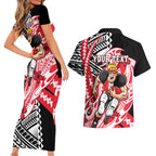 Personalized St Kilda Saints Couples Matching Short Sleeve Bodycon Dress and Hawaiian Shirt Polynesian Tribal Saint Mascot With Hibiscus Floral Art